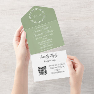 Invitation Tout En Un Élégant Sage Green Script moderne RSVP QR Code