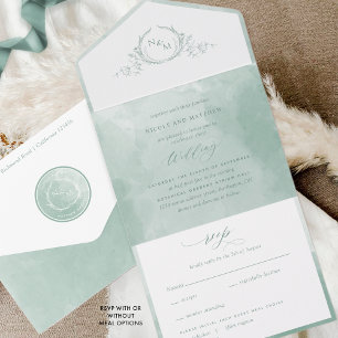 Invitation Tout En Un Elégant Sage Vert Aquarelle Monogramme Mariage Tou