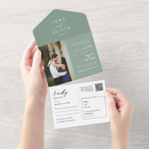 Invitation Tout En Un Elégant Sage vert Boho QR Code photo RSVP