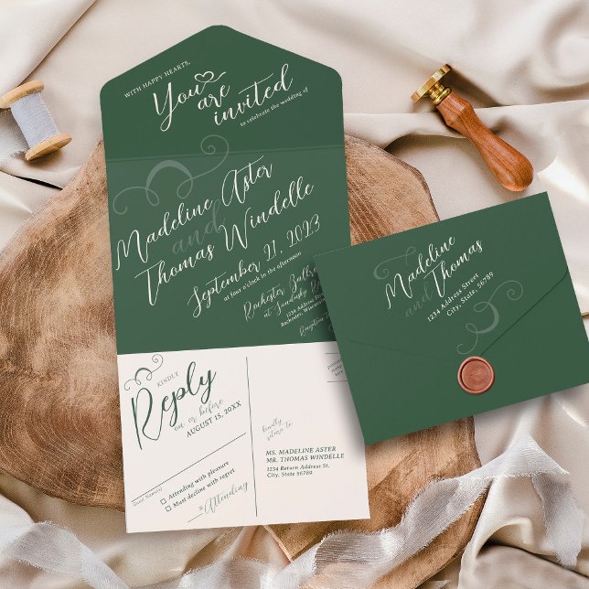 Invitation Tout En Un Élégant script de pente foncé Moss Mariage vert (Elegant classic slant script all in one dark moss emerald green wedding invitation, rsvp postcard)