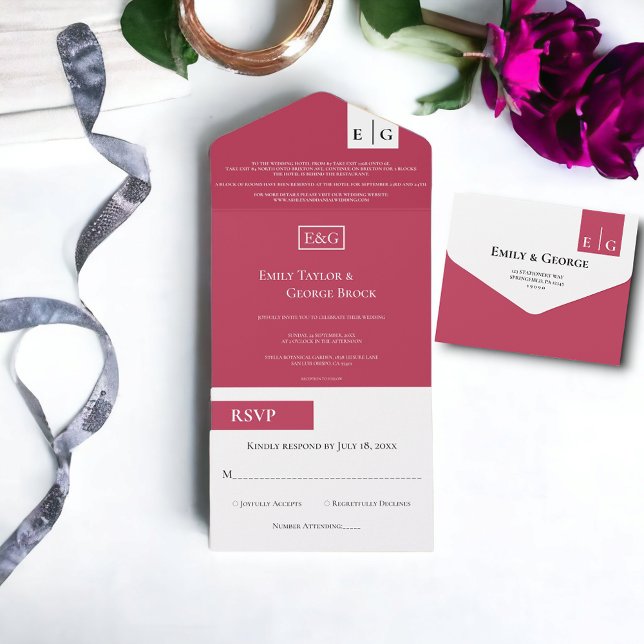 Invitation Tout En Un Élégant script moderne Magenta Monogramme Mariage (Créateur téléchargé)