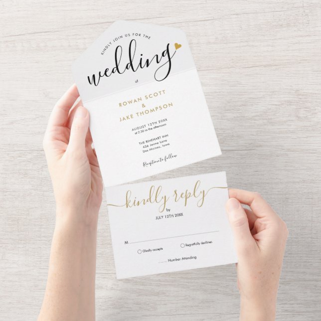 Invitation Tout En Un Élégant Script Monogram Gold Heart Mariage (Déchirure)