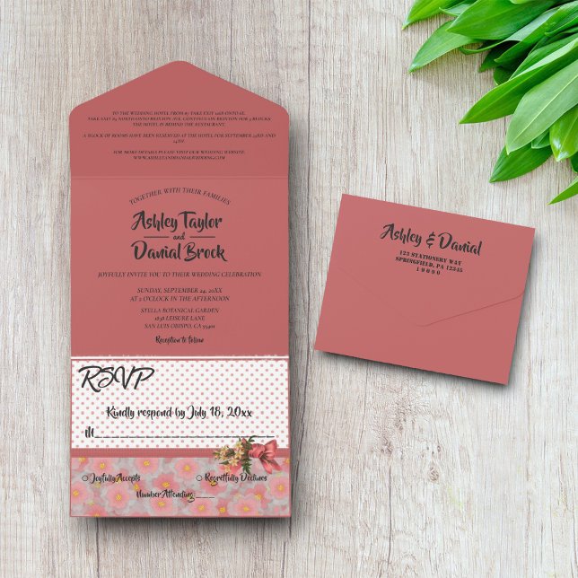 Invitation Tout En Un Élégant Script simple rose moderne Mariage floral (Créateur téléchargé)