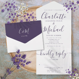 Invitation Tout En Un Élégant Script Violet Minimaliste Mariage Tout-En