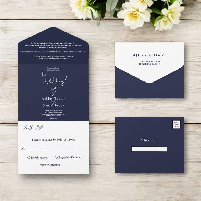 Invitation Tout En Un Elégant Simple Marine Bleu Blanc Moderne Chic Mari (Créateur téléchargé)