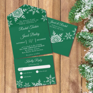 Invitation Tout En Un Élégant Snowflakes Green Noël Mariage d'hiver