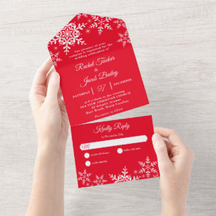 Invitation Tout En Un Élégant Snowflakes Noël Mariage rouge brillant