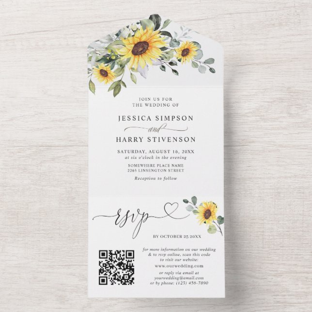 Invitation Tout En Un Elégant Sunflower Eucalyptus Mariage code QR (À l'intérieur)