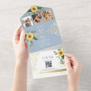 Invitation Tout En Un Élégant Tournesol Mariage Bleu Poussiéreux