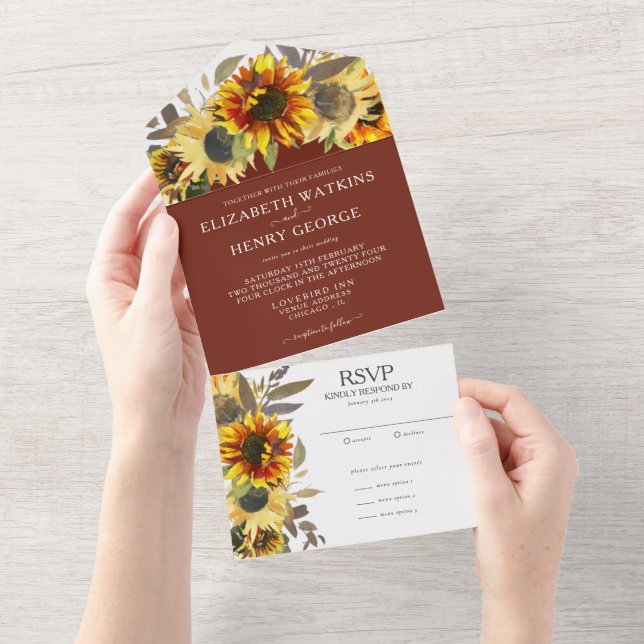 Invitation Tout En Un Élégant tournesol Tan Mariage de automne Brown (Déchirure)