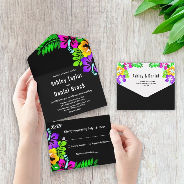 Invitation Tout En Un Élégant Tropical Rustic Boho Black Floral Mariage (Créateur téléchargé)