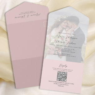 Invitation Tout En Un Élégant Vellum Photo Overlay Blush Rose Code QR