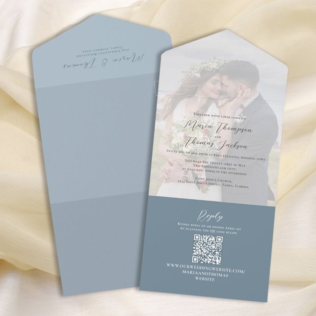 Invitation Tout En Un Élégant Vellum Photo Overlay Dusty Blue | Code QR (Créateur téléchargé)