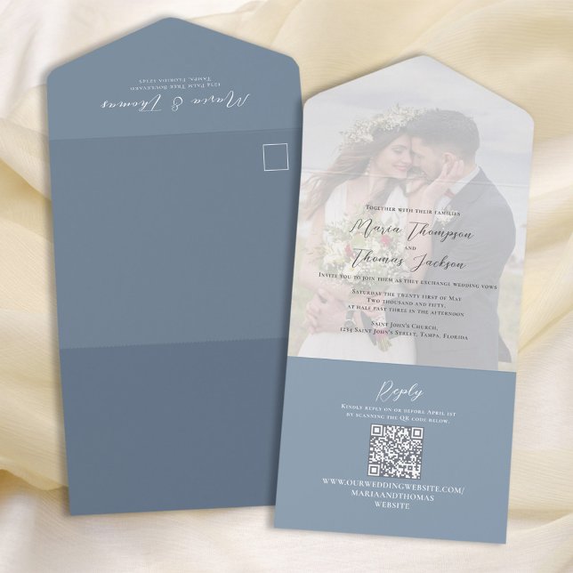 Invitation Tout En Un Élégant Vellum Photo Overlay Dusty Blue | Code QR (Créateur téléchargé)