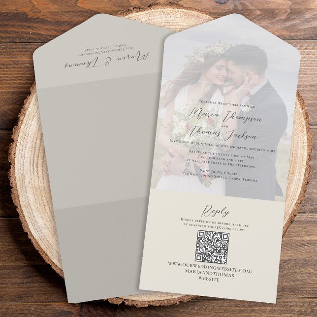 Invitation Tout En Un Élégant Vellum Photo Overlay Sage Green | Code QR (Créateur téléchargé)