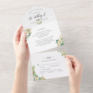 Invitation Tout En Un Elégant vert Mariage jaune avec RSVP perforé