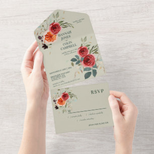 Invitation Tout En Un Élégant Vintage Bohème Rouge Orange Gris