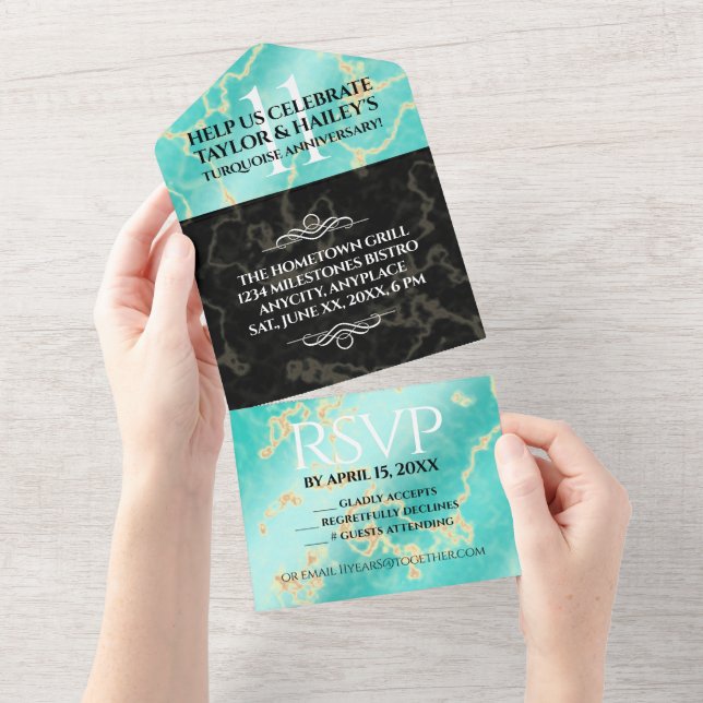 Invitation Tout En Un Élégante 11e Anniversaire de Mariage Turquoise (Déchirure)