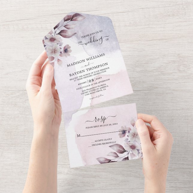 Invitation Tout En Un Elégante aquarelle blanc violet feuille Mariage (Déchirure)
