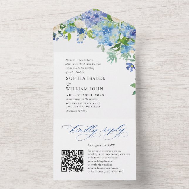 Invitation Tout En Un Elégante aquarelle bleu Hydrangea Mariage floral (À l'intérieur)