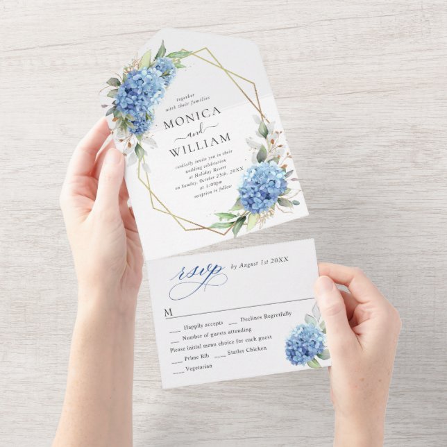 Invitation Tout En Un Elégante aquarelle bleu Hydrangea Mariage floral (Déchirure)
