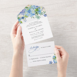 Invitation Tout En Un Elégante aquarelle bleu Hydrangea Mariage floral