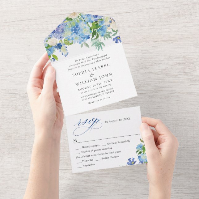 Invitation Tout En Un Elégante aquarelle bleu Hydrangea Mariage floral (Déchirure)
