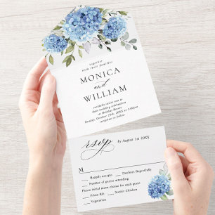 Invitation Tout En Un Elégante aquarelle bleu Hydrangea Mariage floral