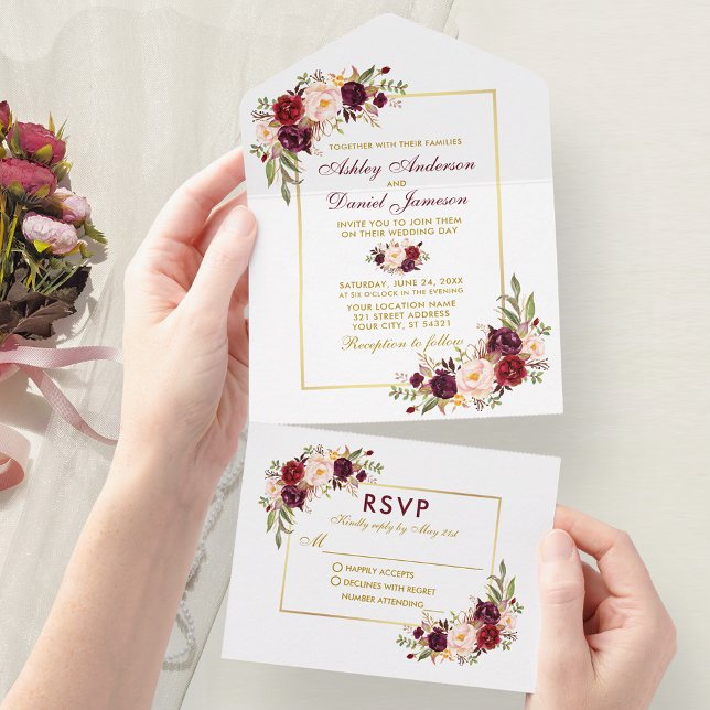 Invitation Tout En Un Elégante aquarelle Bourgogne Floral Mariage Gold (All In One Wedding Invitation with tear off RSVP Card)