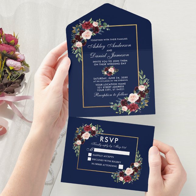 Invitation Tout En Un Elégante aquarelle Burgundy Blue Floral Mariage (All In One Wedding Invitation with tear off RSVP Card)