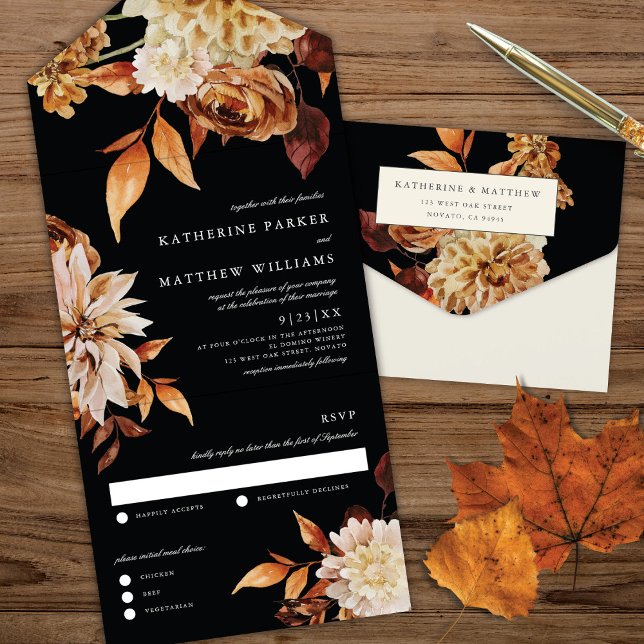 Invitation Tout En Un Elégante aquarelle d'automne Floral + Mariage noir (Créateur téléchargé)
