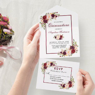 Invitation Tout En Un Elégante aquarelle de Quinceanera Bourgogne