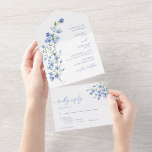 Invitation Tout En Un Elégante aquarelle Dusty Blue Fleur sauvage Mariag