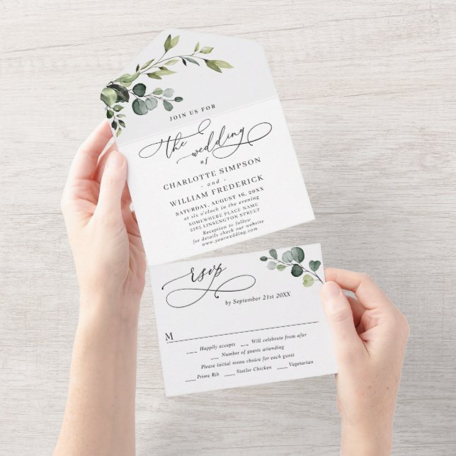 Invitation Tout En Un Elégante aquarelle Eucalyptus Mariage vert (Déchirure)
