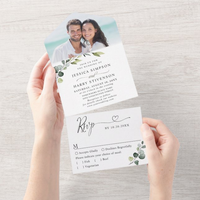 Invitation Tout En Un Elégante aquarelle Eucalyptus Mariage vert (Déchirure)