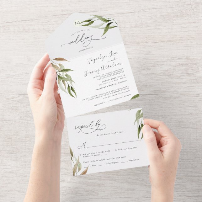 Invitation Tout En Un Elégante aquarelle Eucalyptus rustique (Déchirure)