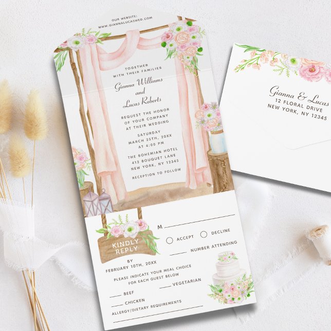 Invitation Tout En Un Elégante aquarelle extérieure rose Mariage floral (Créateur téléchargé)
