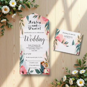 Invitation Tout En Un Elégante aquarelle Floral Couple Mariage été