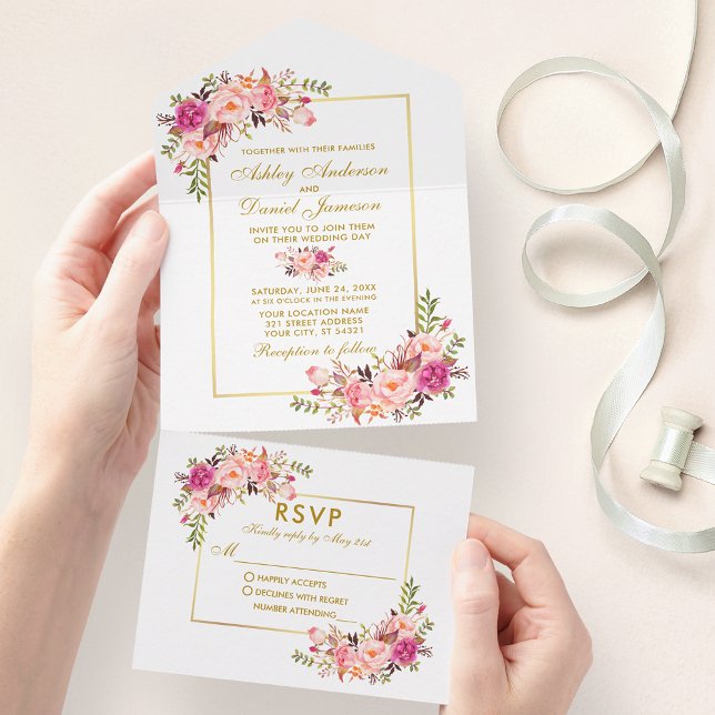Invitation Tout En Un Elégante aquarelle Floral Rose Blush Gold (All In One Wedding Invitation with tear off RSVP Card)