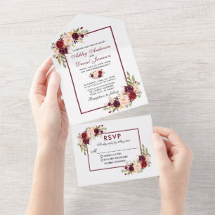 Invitation Tout En Un Elégante aquarelle moderne Mariage floral bordeaux