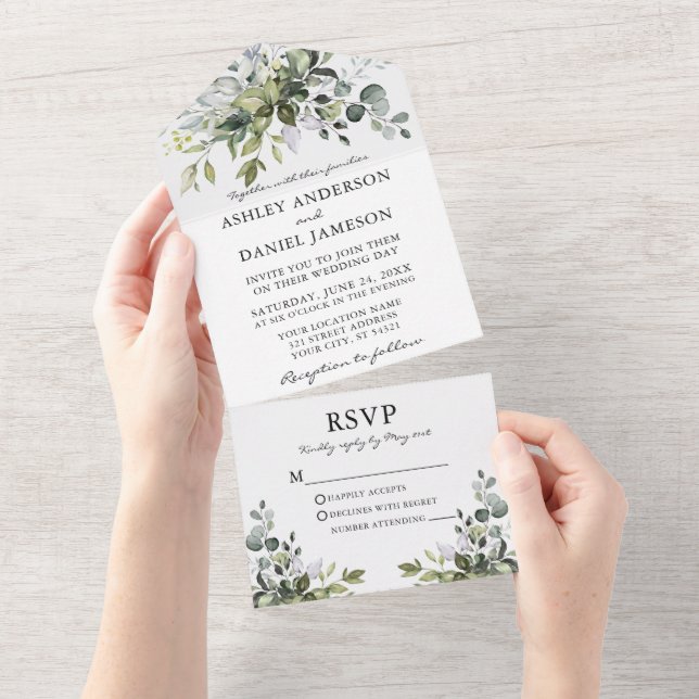 Invitation Tout En Un Elégante aquarelle moderne Mariage vert (Déchirure)