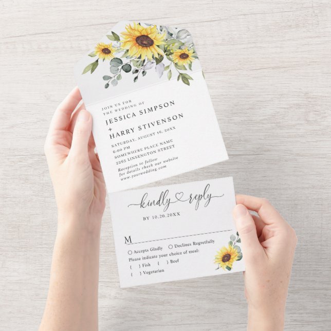 Invitation Tout En Un Elégante aquarelle tournesol Eucalyptus Mariage (Déchirure)