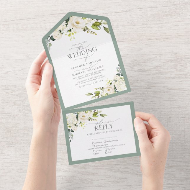 Invitation Tout En Un Elégante Aquarelle verte gris blanc Floral (Déchirure)