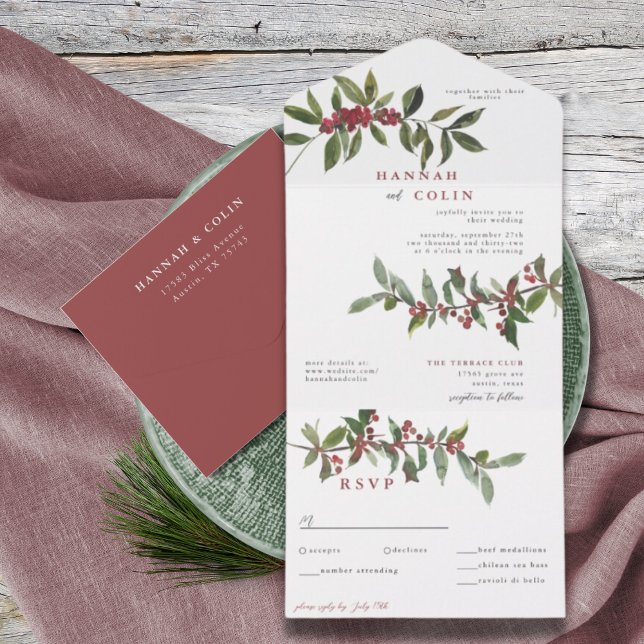 Invitation Tout En Un Elégante Baies d'hiver Rouge Vert Aquarelle (Créateur téléchargé)