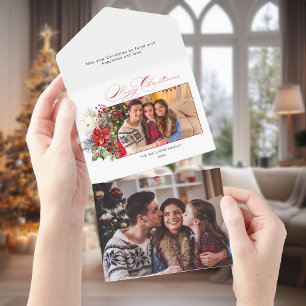 Invitation Tout En Un Élégante Calligraphie de Noël Joyeux Floral Photo