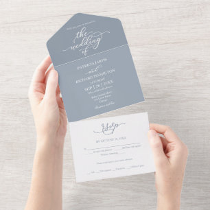 Invitation Tout En Un Élégante calligraphie Dusty Blue Mariage