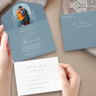 Invitation Tout En Un Élégante calligraphie Dusty Blue Photo RSVP Mariag