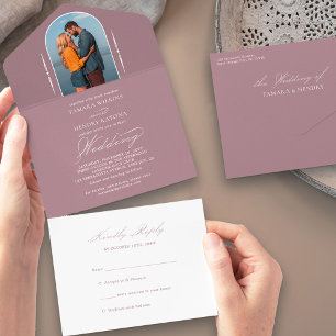 Invitation Tout En Un Élégante calligraphie Dusty Rose Photo Mariage RSV