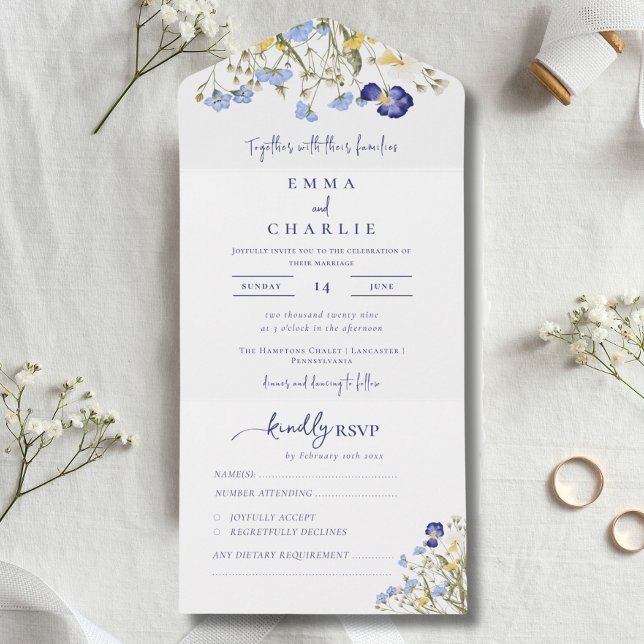 Invitation Tout En Un Élégante calligraphie Fleur sauvage Mariage rustiq (Elegant Wildflowers Calligraphy Rustic Wedding All In One Invitation)