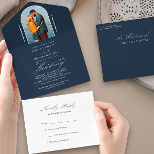 Invitation Tout En Un Élégante calligraphie Marine Blue Photo RSVP Maria